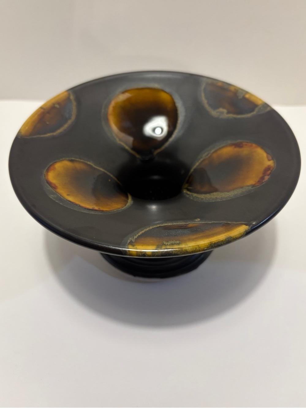 Handcrafted Black Ceramic Bowl with Amber Spot Glaze Frog Vase